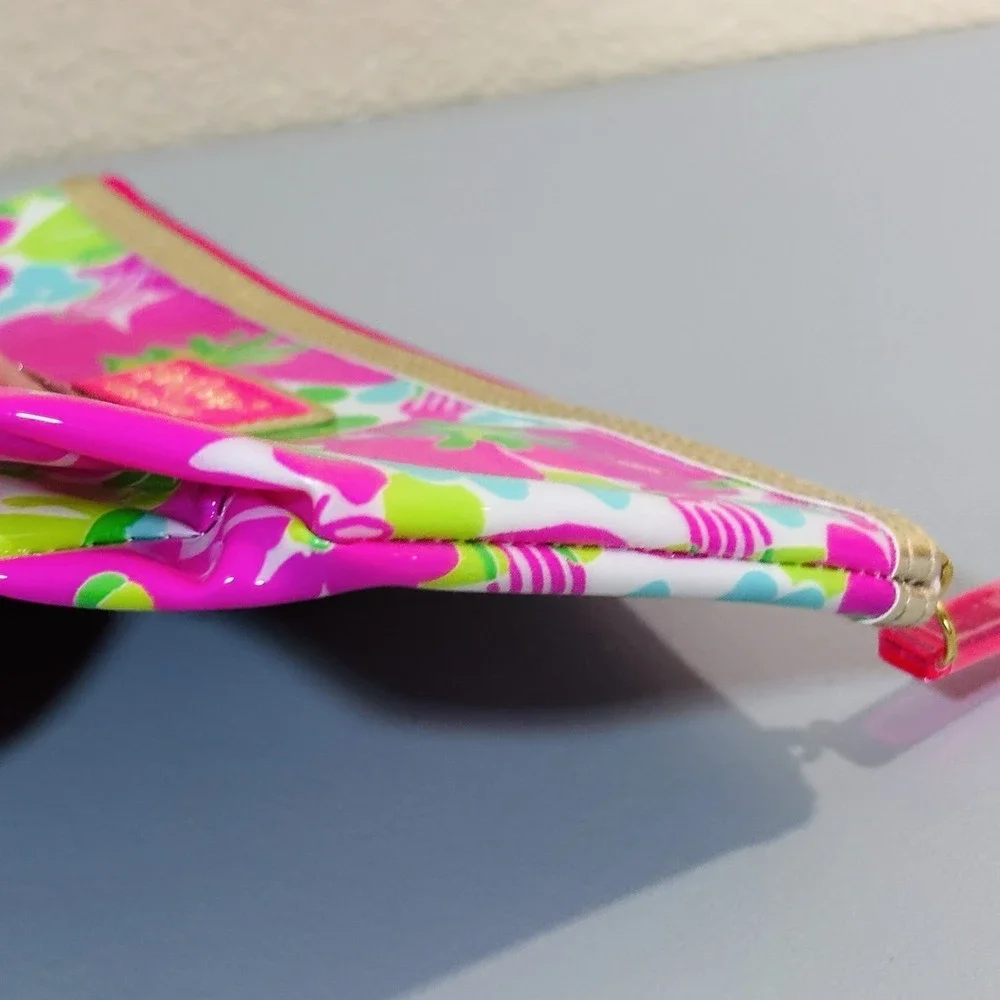 Lilly Pulitzer Green Pink Blue Vinyl Zip Top Cosmetic Case Bag Storage Pretty